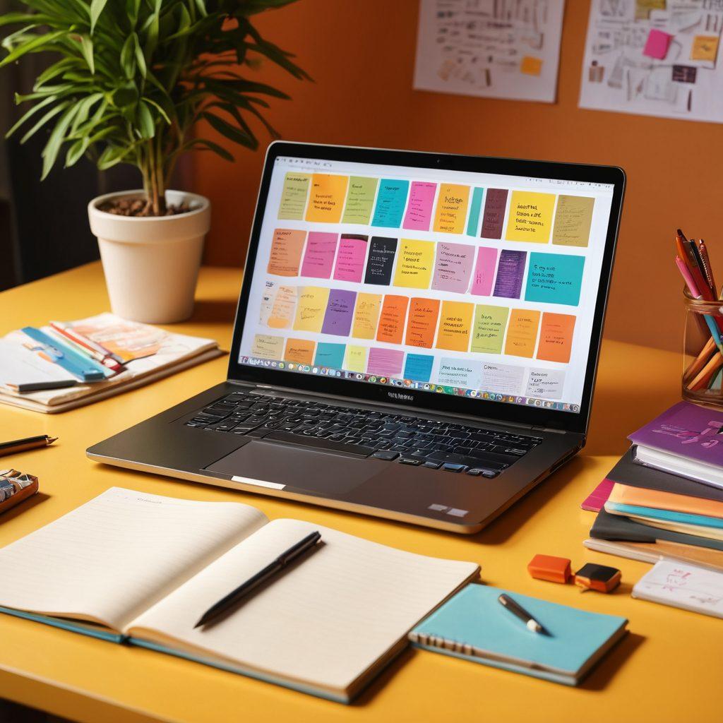 A dynamic workspace featuring a laptop with a vibrant Yisk platform interface displayed, surrounded by colorful notes and creative tools like pens and a sketchbook. An inspiring quote about content creation is subtly illustrated in the background, with a warm, inviting light illuminating the scene. Include elements of diverse content types like video thumbnails, blog articles, and social media posts scattered around. super-realistic. vibrant colors. warm tones.
