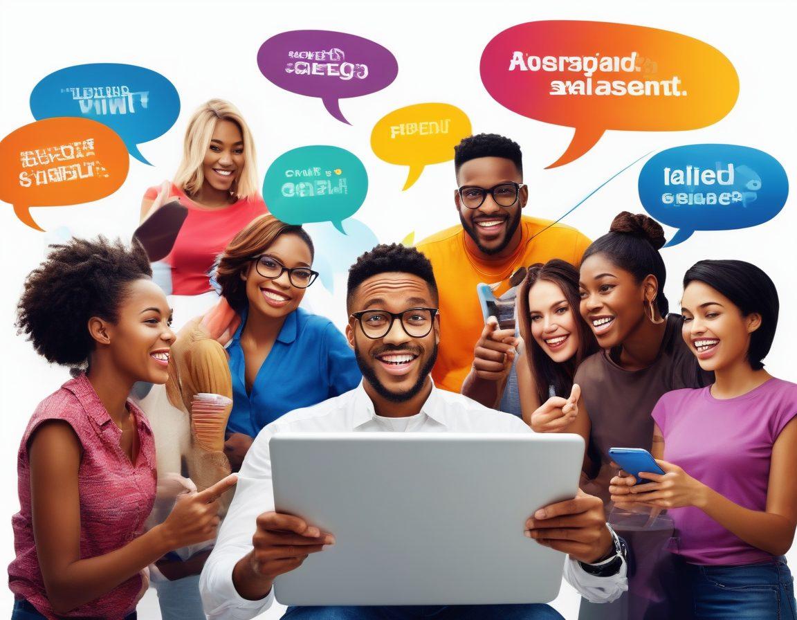A vibrant illustration depicting a diverse group of people gathered around a large tablet, engaged in discussions and sharing ideas about blog content. Bright, colorful speech bubbles emerge from the tablet showcasing attractive headlines and images, symbolizing increased reader engagement. In the background, elements like social media icons and thumbs up reactions create a dynamic atmosphere of connectivity. The scene conveys enthusiasm and collaboration, promoting the essence of community engagement. super-realistic. vibrant colors. white background.